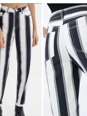 BDG Black and White Striped Waistband Mom Jeans